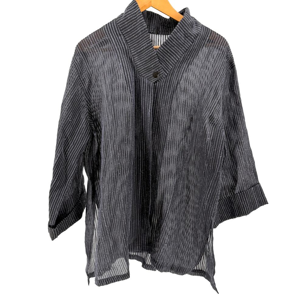 Vintage Y2K Black Sheer Navy Blue Embroidered Stripe Button Collar Jacket